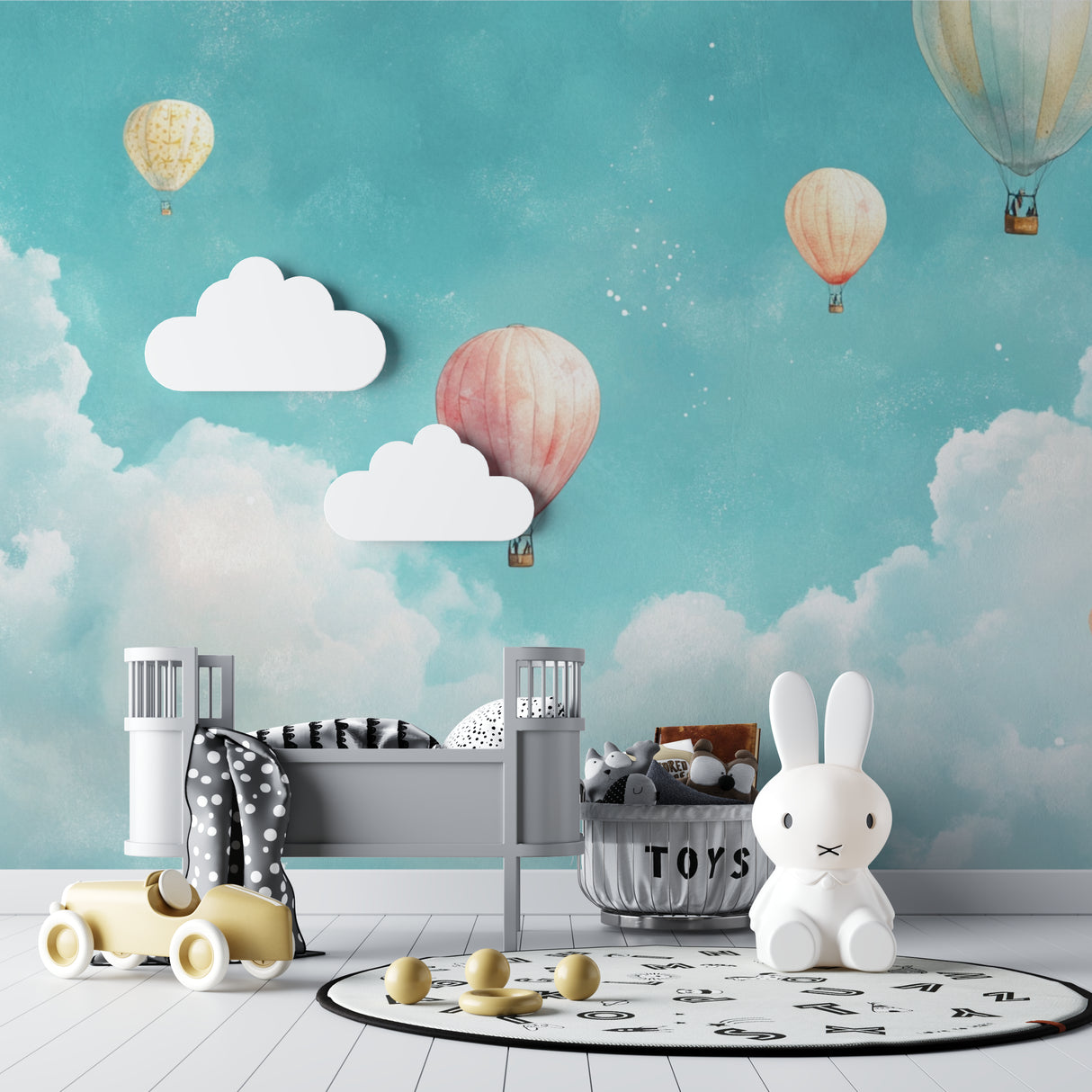 Hot air balloon wallpaper brightening modern bedroom with natural light