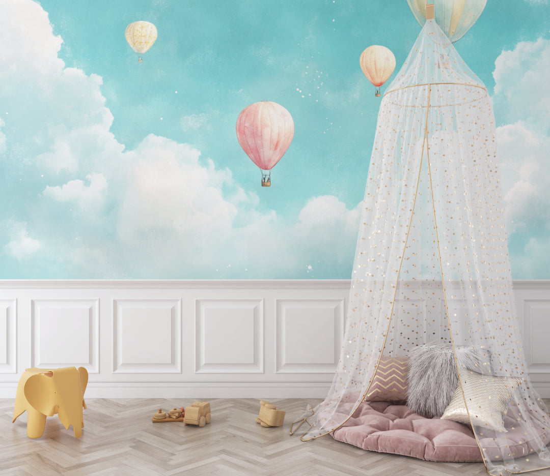 Balloon wall mural in baby room with crib showing calming effect