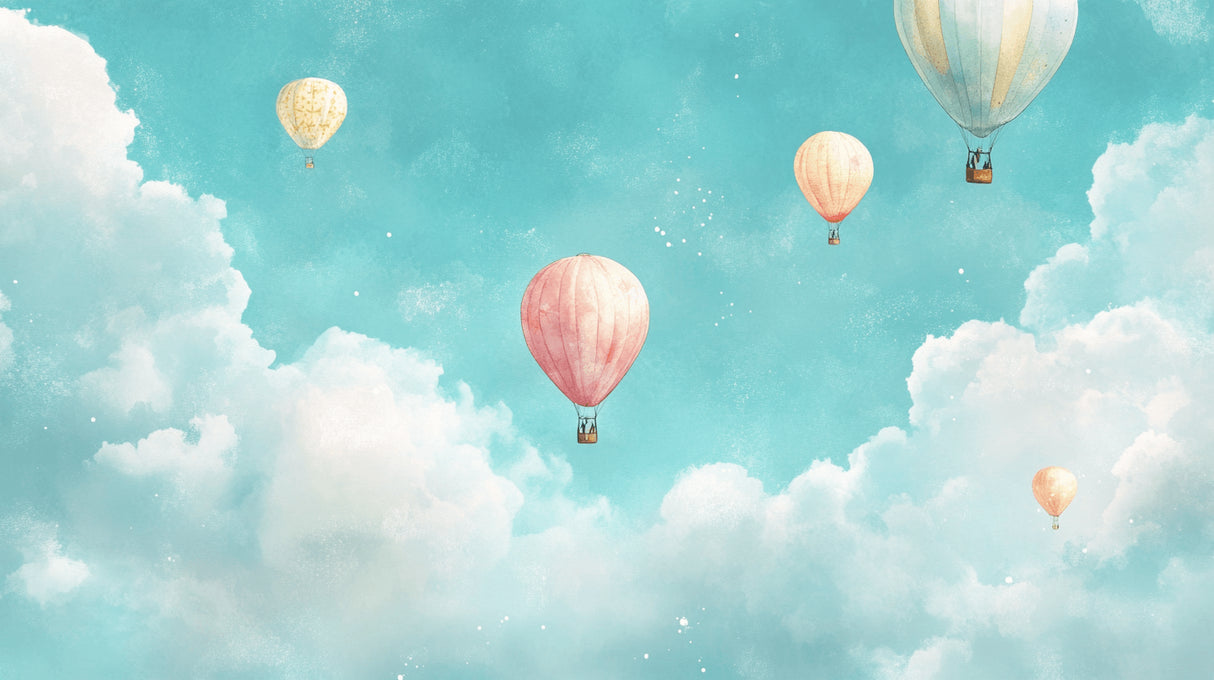 Hot air balloon design file showing turquoise sky pattern with floating balloons and clouds