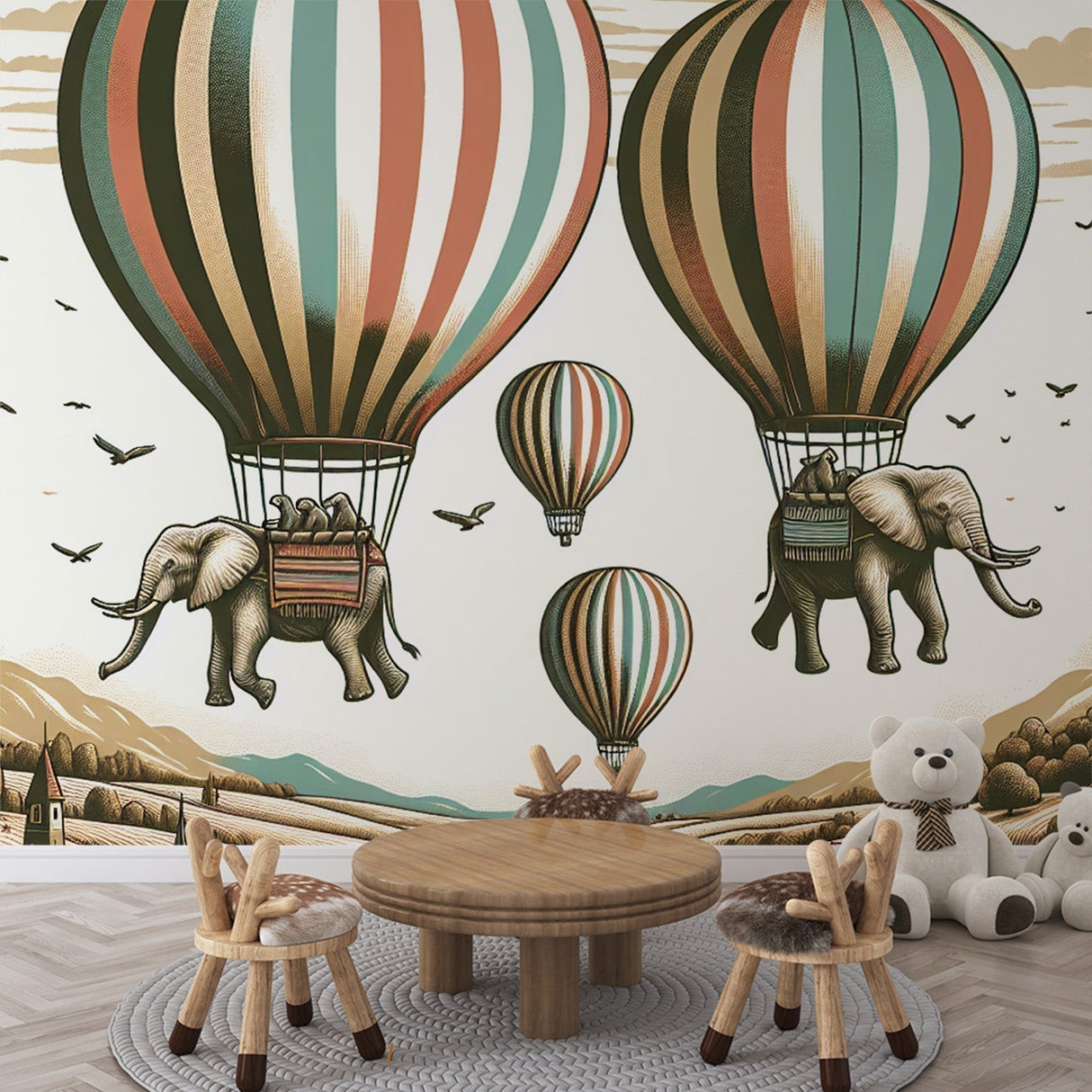 Hot air balloon wallpaper with flying elephants creating a magical atmosphere in a bright nursery with reading nook