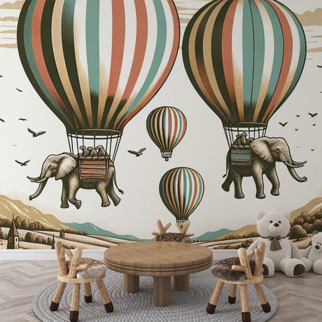 Hot air balloon wallpaper with flying elephants creating a magical atmosphere in a bright nursery with reading nook
