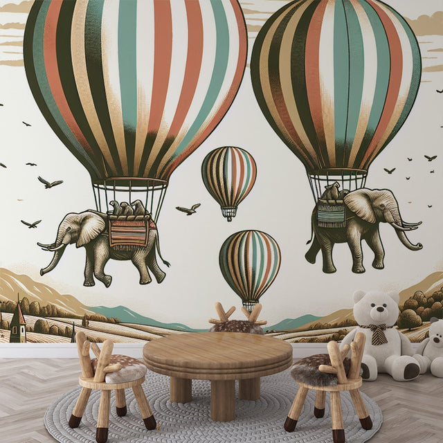 Hot air balloon wallpaper with flying elephants creating a magical atmosphere in a bright nursery with reading nook