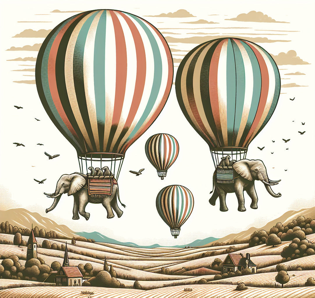 Design file: Vintage hot air balloon pattern with elephants in sage green and terracotta tones