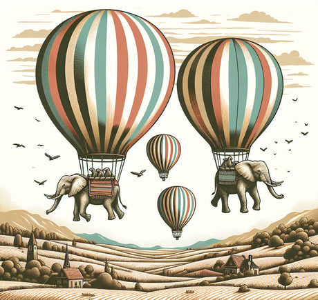 Design file: Vintage hot air balloon pattern with elephants in sage green and terracotta tones