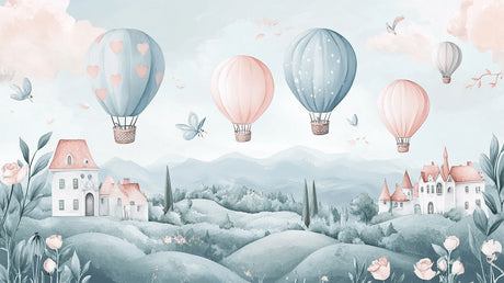 Hot air balloon design file showing detailed fairytale landscape with pink and blue balloons floating over misty hills