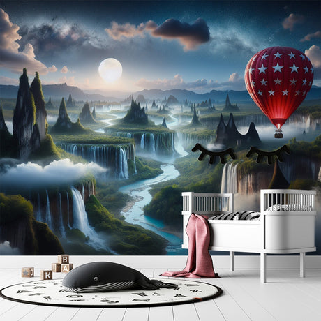 Hot air balloon wallpaper mural creating a magical atmosphere in a cozy bedroom with soft lighting and dream-like decor