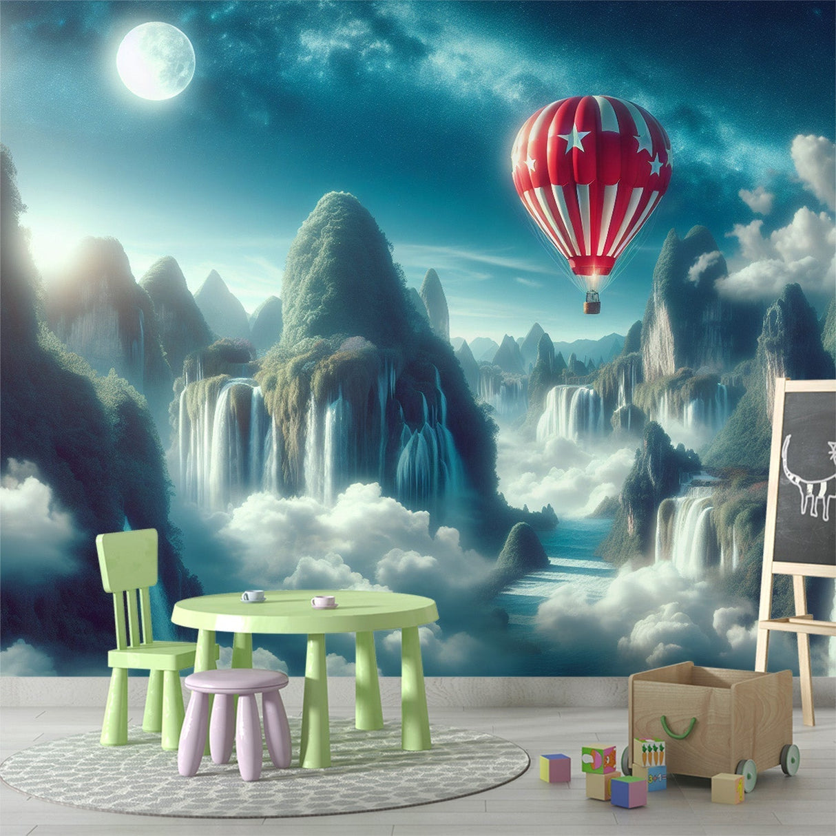 Hot air balloon wallpaper creating a magical atmosphere in a cozy reading nook, with soft lighting highlighting the waterfall scene
