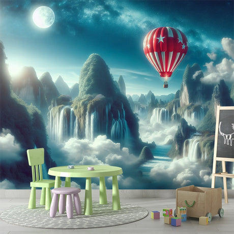Hot air balloon wallpaper creating a magical atmosphere in a cozy reading nook, with soft lighting highlighting the waterfall scene