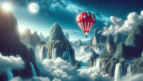 Hot air balloon design file showing detailed fantasy mountain landscape with cascading waterfalls and dreamy sky
