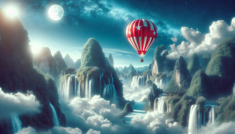 Hot air balloon design file showing detailed fantasy mountain landscape with cascading waterfalls and dreamy sky
