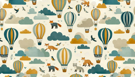 Hot air balloon nursery wallpaper creating a magical atmosphere in a modern nursery with soft teal and mustard accents