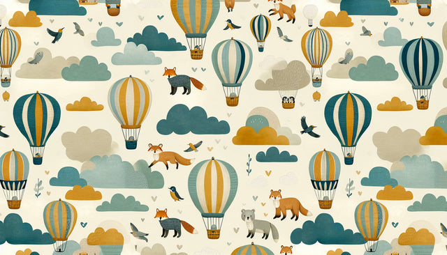 Hot air balloon nursery wallpaper creating a magical atmosphere in a modern nursery with soft teal and mustard accents