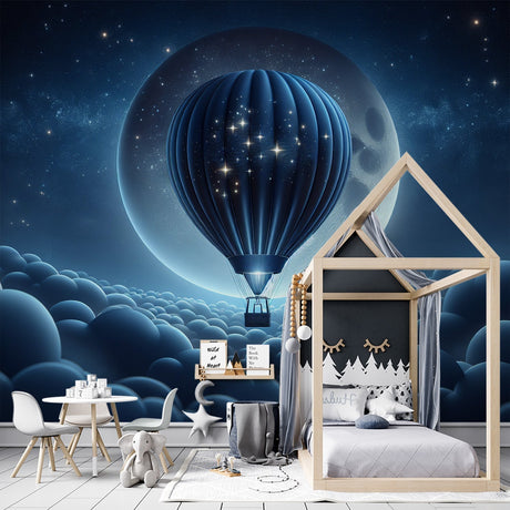 Hot air balloon wallpaper creating a dreamy atmosphere in a modern nursery with soft lighting and star details