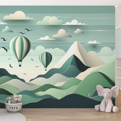Hot air balloon wallpaper in a bright nursery, showing three mint-green balloons floating over mountains creating a peaceful atmosphere