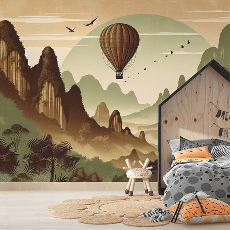 Hot air balloon wallpaper creating a cozy atmosphere in a modern living room with natural light and mountain views