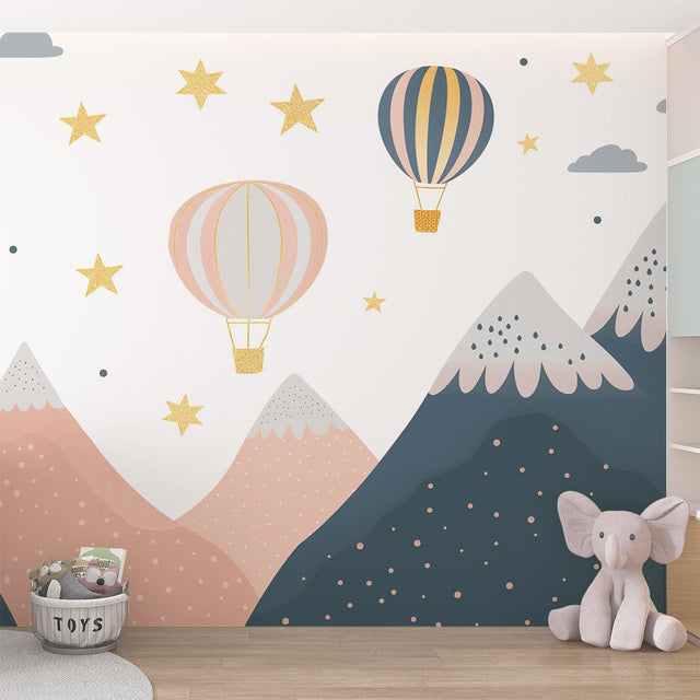 Hot air balloon nursery wallpaper creating a dreamy atmosphere in a modern nursery with soft lighting