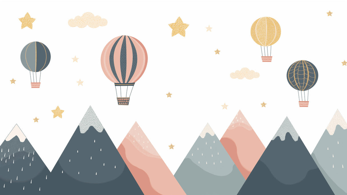 Mountain nursery wallpaper with hot air balloons transforms cozy reading nook in child's bedroom