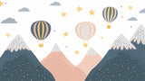 Mountain adventure wallpaper with hot air balloons bringing charm to a cozy reading nook