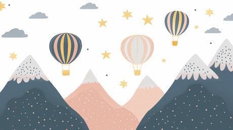 Mountain adventure wallpaper with hot air balloons bringing charm to a cozy reading nook