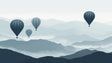 Hot air balloon wallpaper creating a dreamy atmosphere in a modern living room with gray sofa and minimal decor