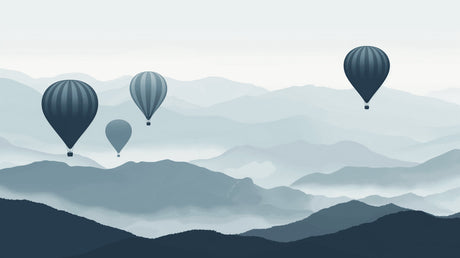 Hot air balloon wallpaper creating a dreamy atmosphere in a modern living room with gray sofa and minimal decor