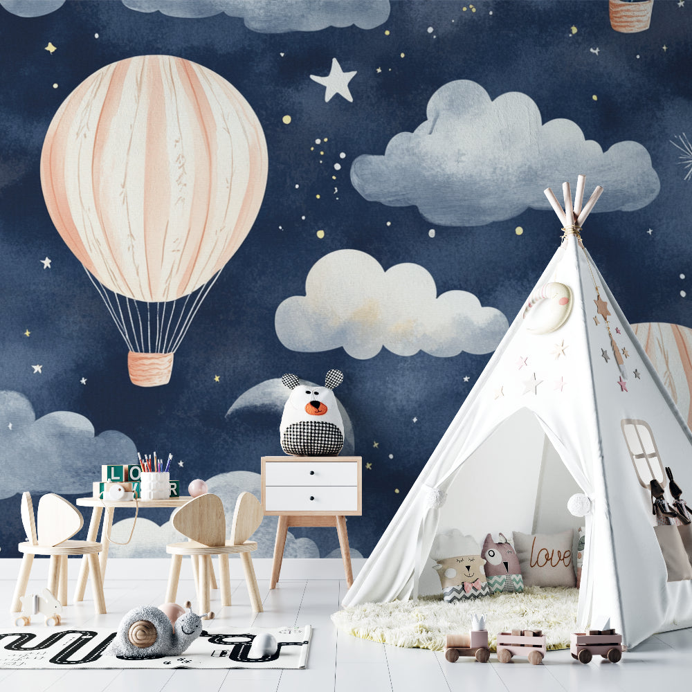 Dreamy hot air balloon wallpaper brightening a modern playroom space