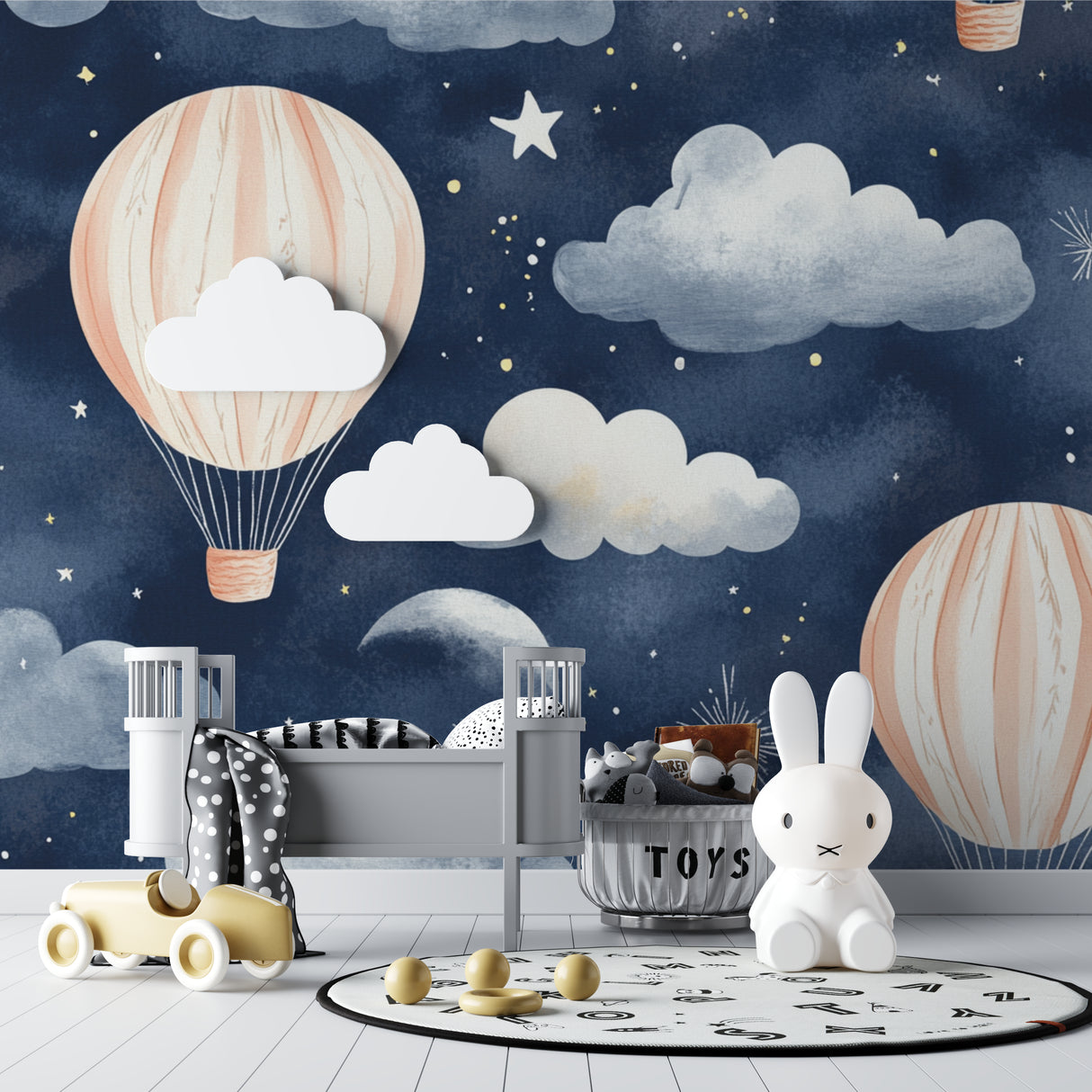 Night sky wallpaper with hot air balloons transforming a baby's bedroom