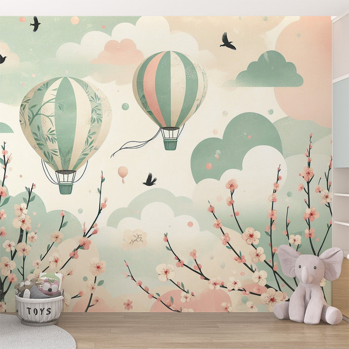 Hot air balloon nursery wallpaper creating a dreamy atmosphere in a cozy reading nook with soft lighting and comfortable seating