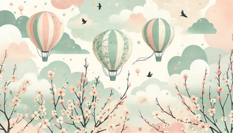 Hot air balloon wallpaper design file showing detailed cherry blossoms and floating balloons in pastel colors