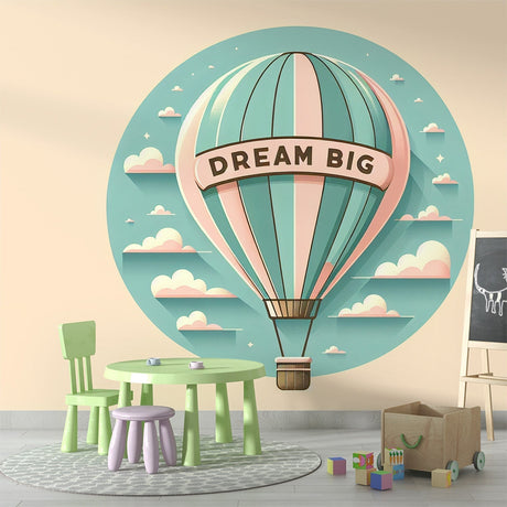 Hot air balloon nursery wallpaper creates a magical atmosphere in a soft-lit baby room with white furniture