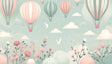 Hot air balloon nursery wallpaper creates a dreamy atmosphere in a modern baby room with soft rocking chair and white furniture