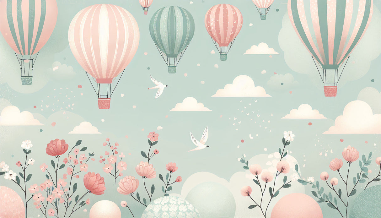 Hot air balloon nursery wallpaper creates a dreamy atmosphere in a modern baby room with soft rocking chair and white furniture
