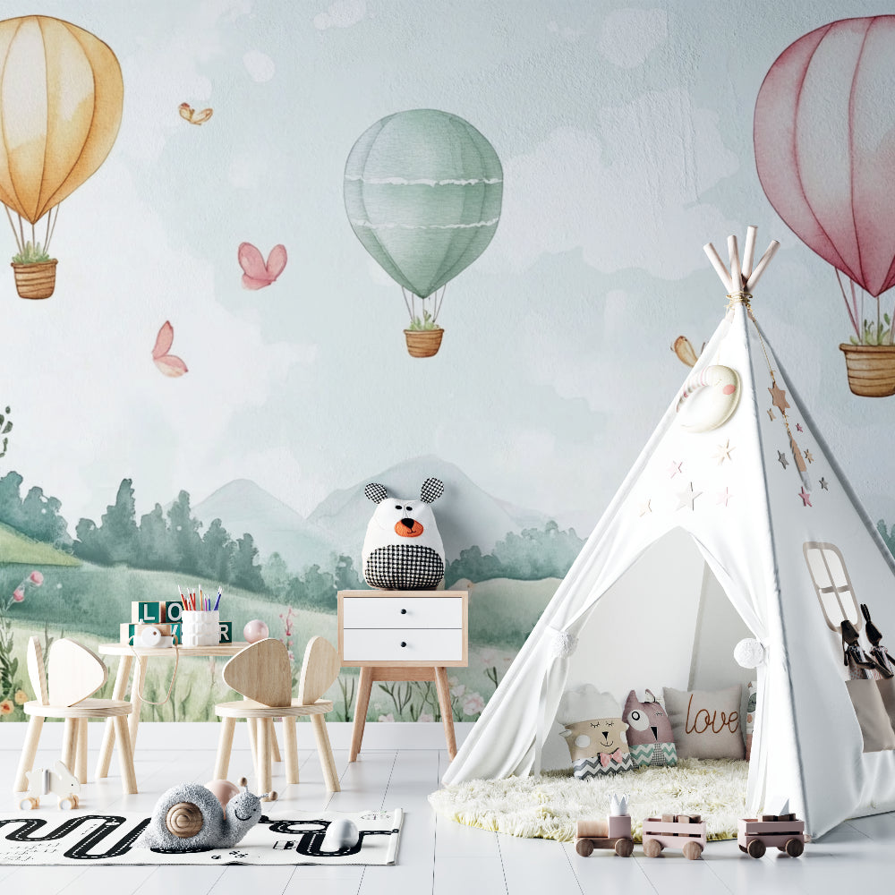 Pastel hot air balloon mural brightening a child's reading nook with soft, playful colors