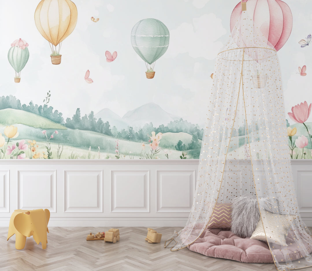 Hot air balloon wallpaper transforming a girl's bedroom with its magical sky scene