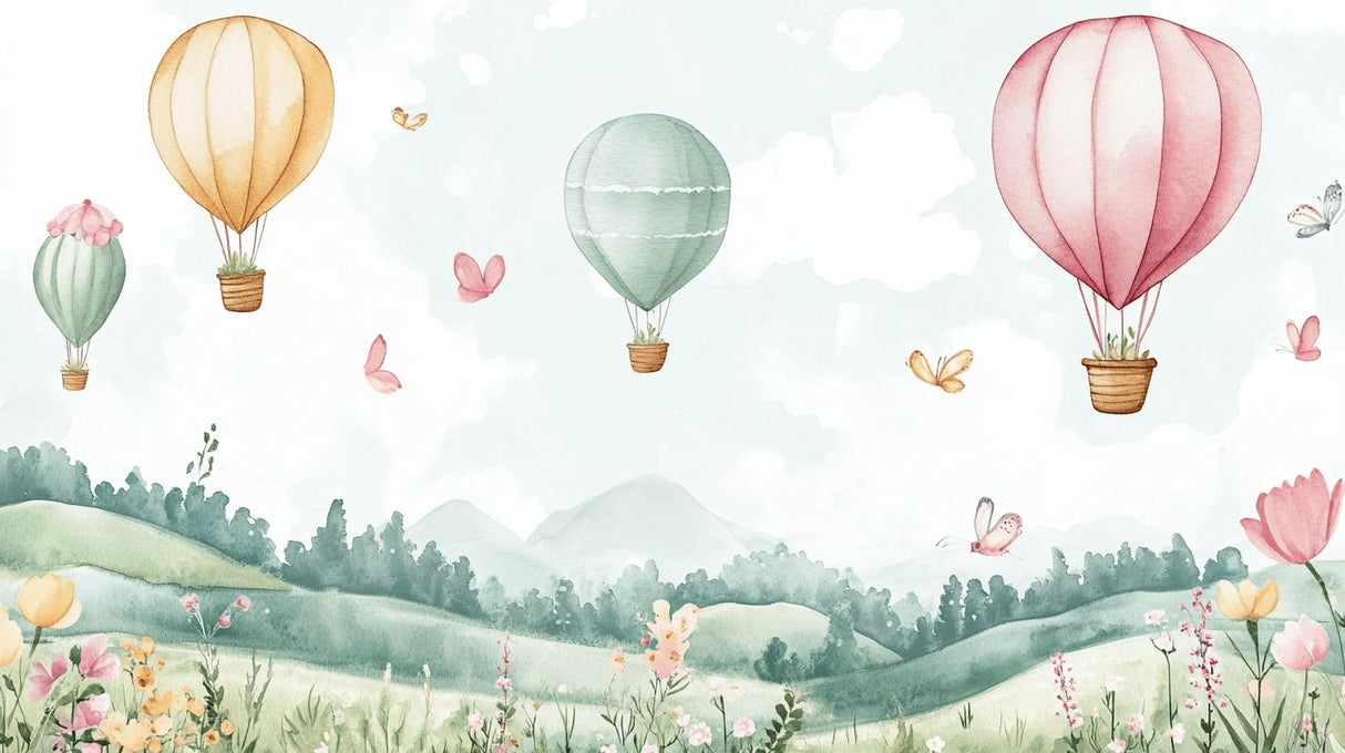 Hot air balloon wallpaper design file showing detailed pastel landscape pattern with floating balloons and butterflies