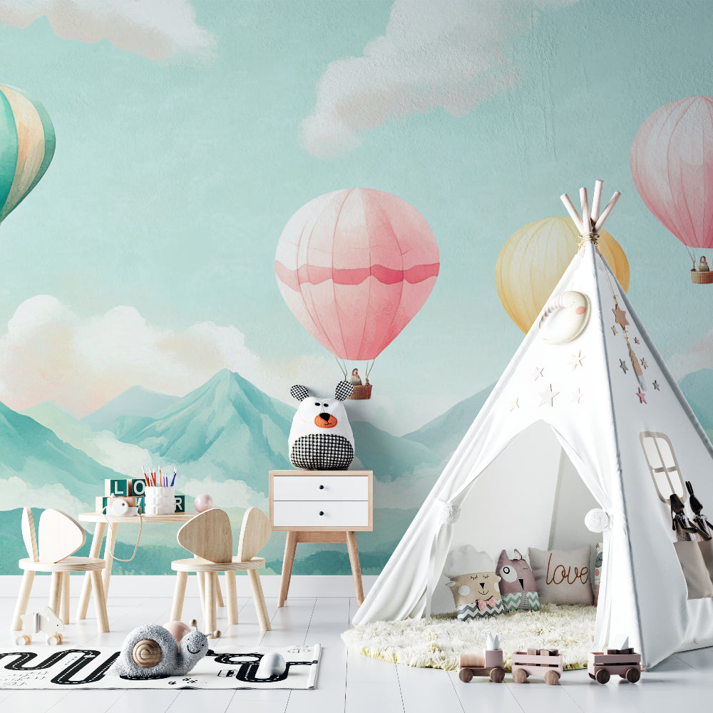 Hot air balloon nursery wallpaper creating a dreamy atmosphere in a modern white nursery with wooden furniture