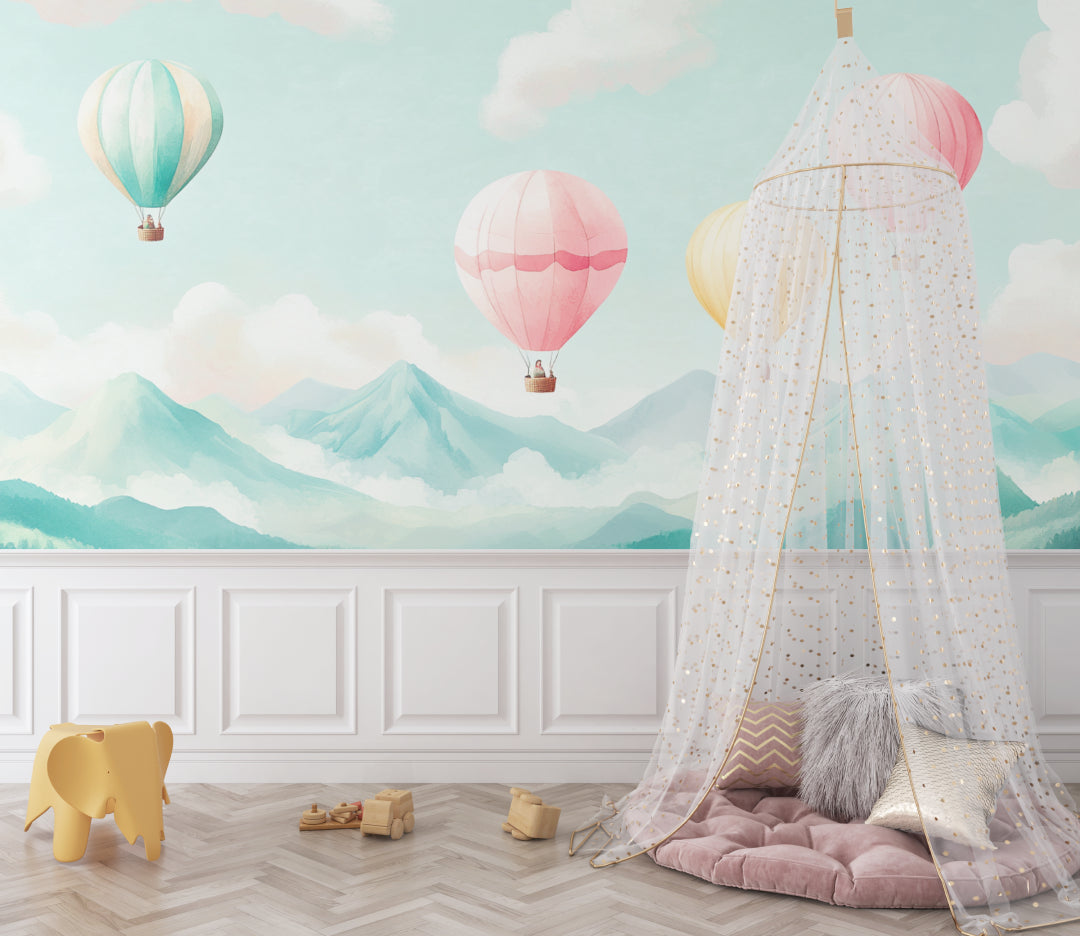 Pastel mountain adventure wallpaper brightening a child's playroom with natural light and colorful toys