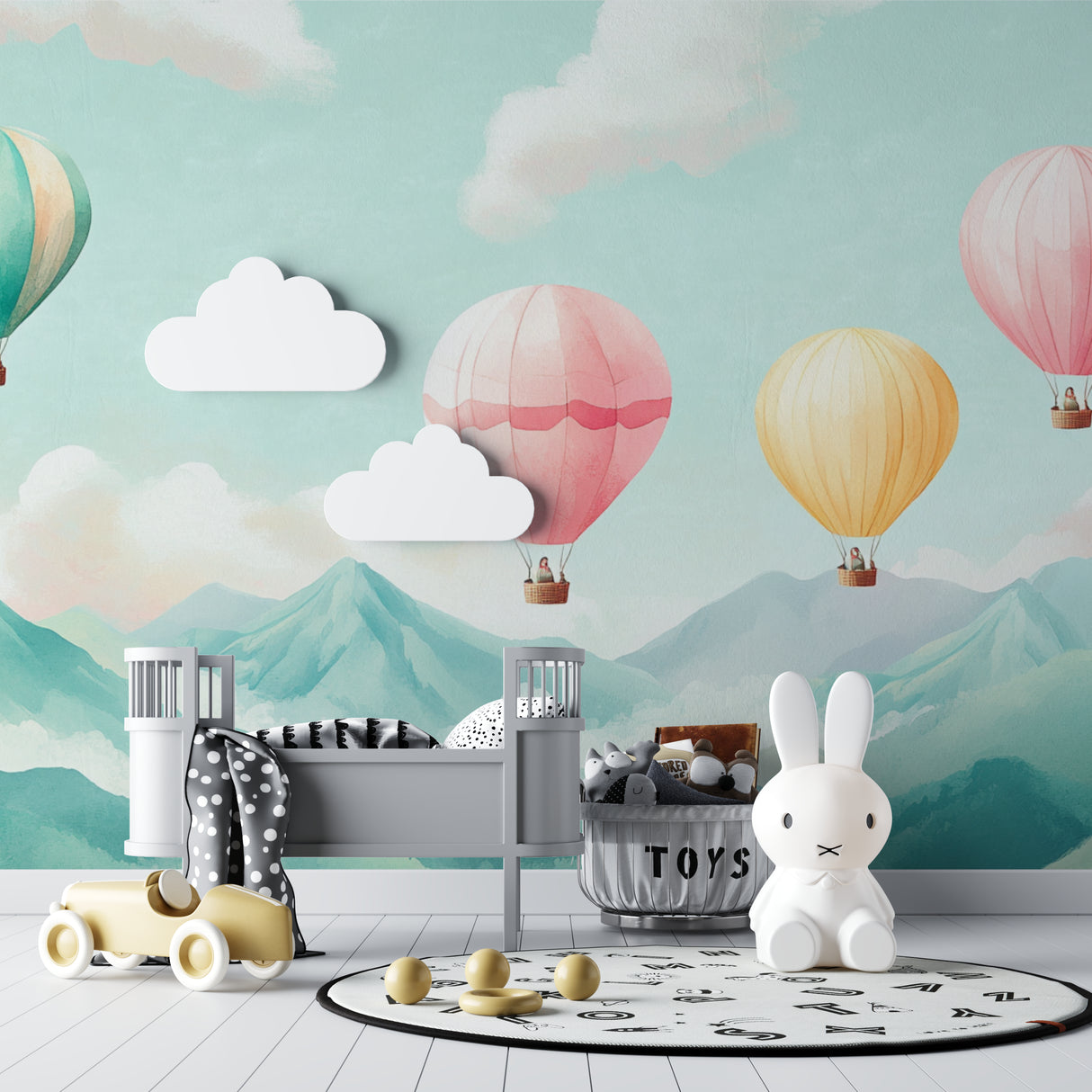 Hot air balloon mural adding depth to a small bedroom with minimalist decor