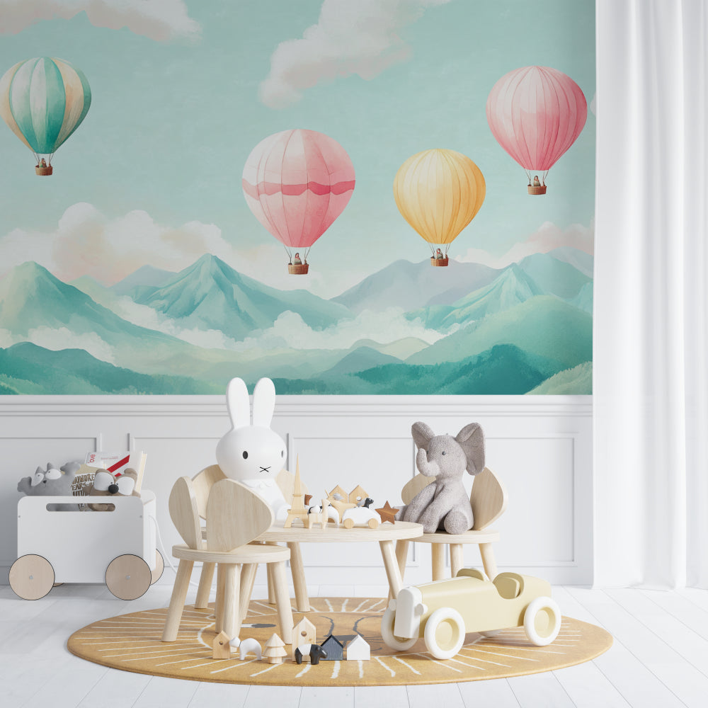 Mountain adventure wallpaper transforming a reading nook with soft, dreamy colors