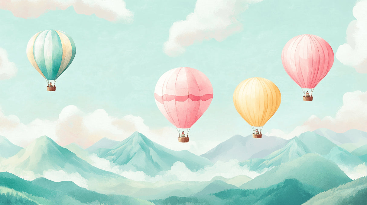 Hot air balloon wallpaper design file showing detailed pastel mountains and floating balloons pattern