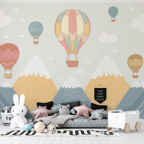 Hot air balloon nursery wallpaper bringing joy to a modern white nursery with pastel accents
