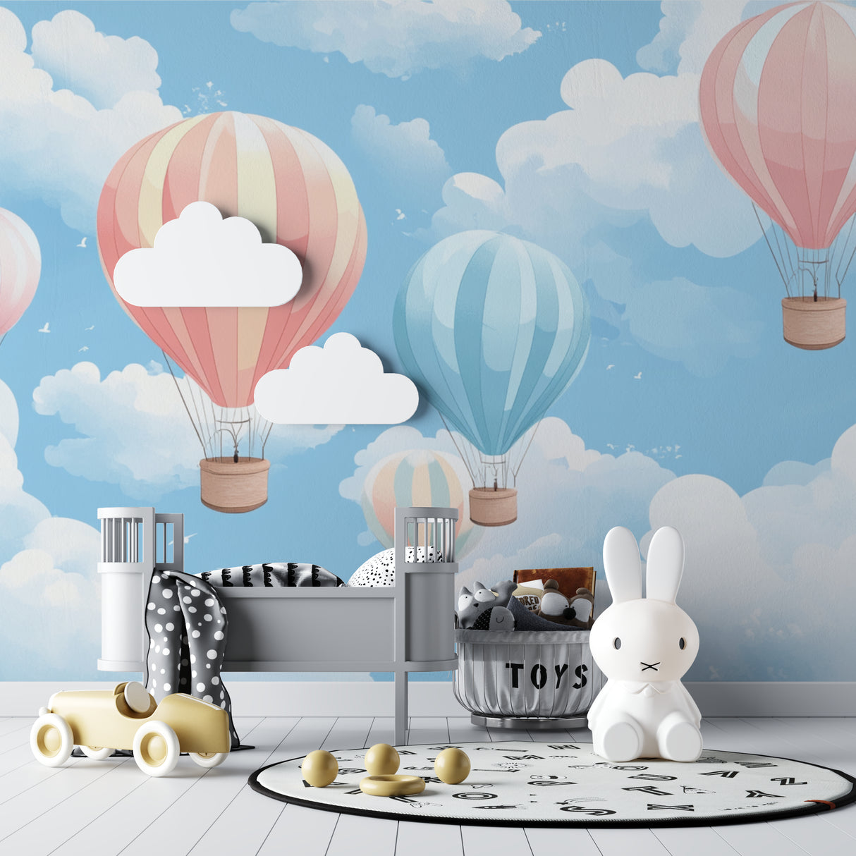 Pastel balloon mural creating depth in a cozy reading nook with natural lighting