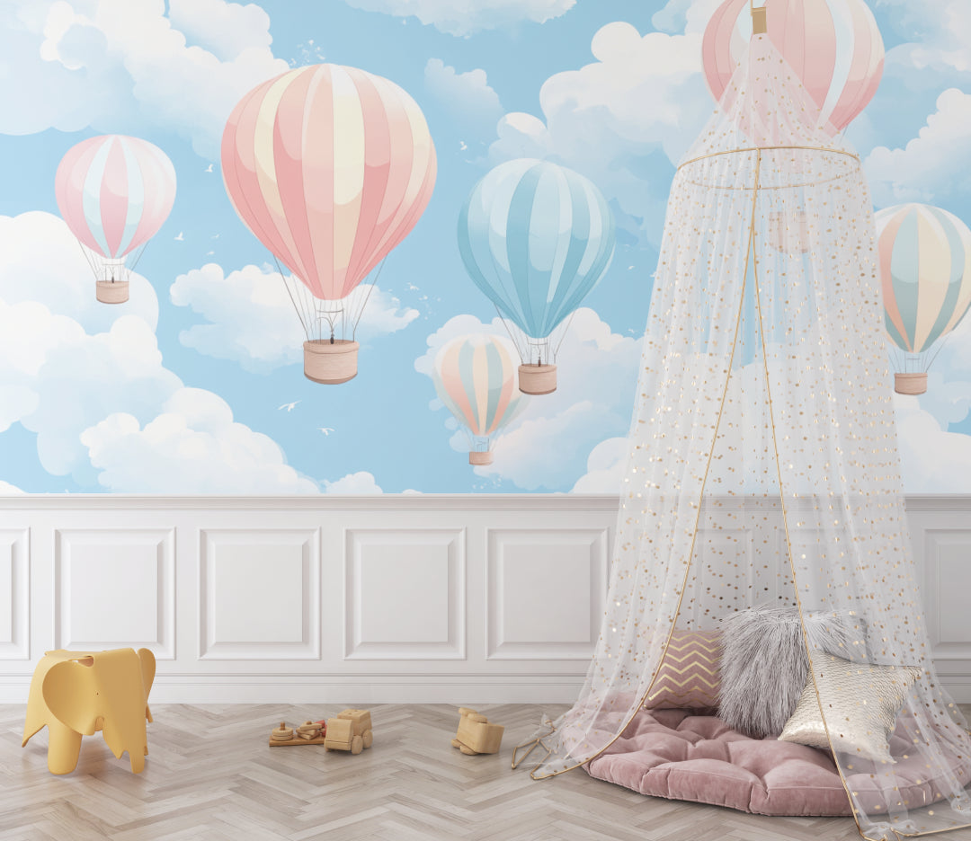 Dreamy hot air balloon design transforming a playroom with gentle movement and soft colors