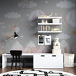 Pink hot air balloon nursery wallpaper in modern baby room with white crib and natural lighting