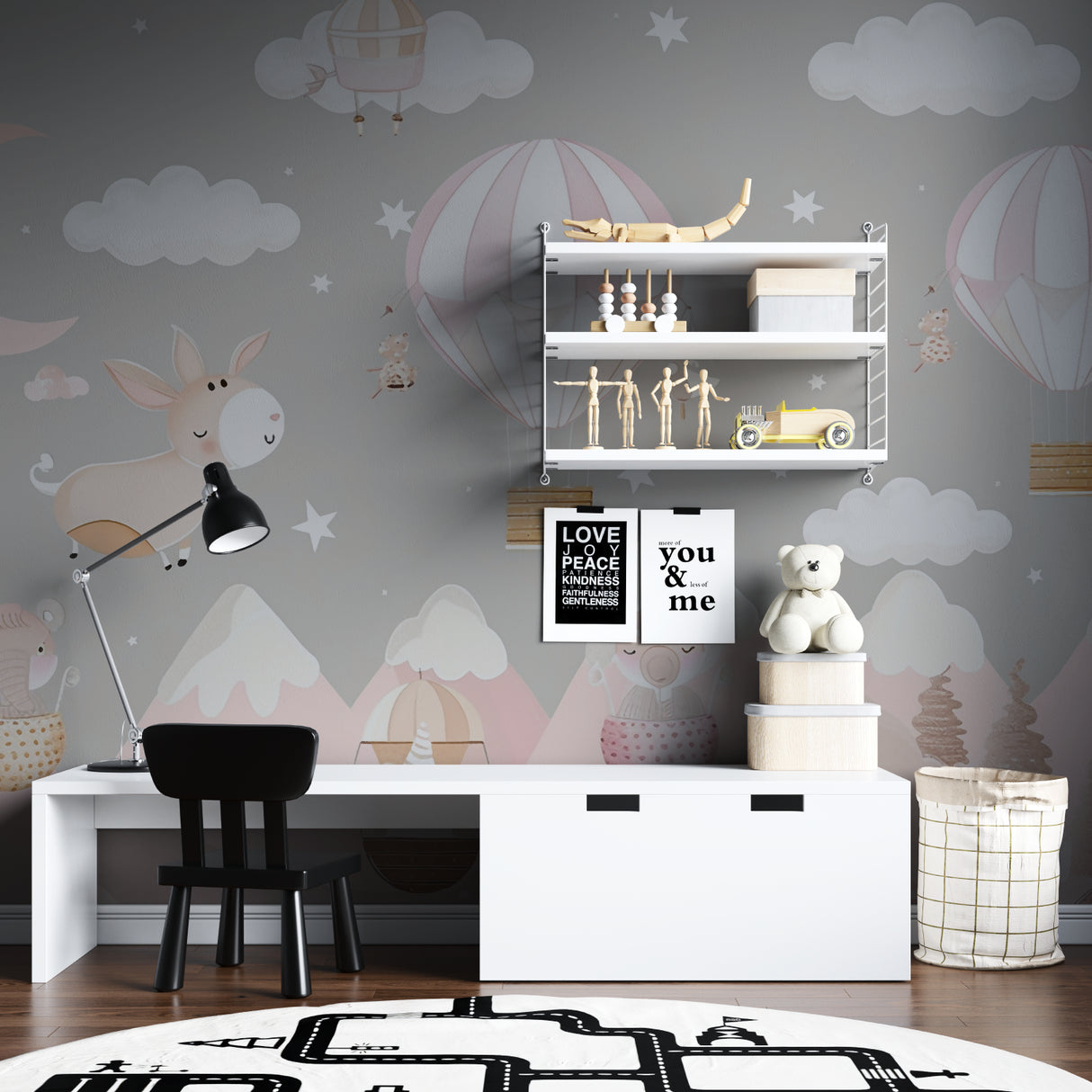 Pink hot air balloon nursery wallpaper in modern baby room with white crib and natural lighting