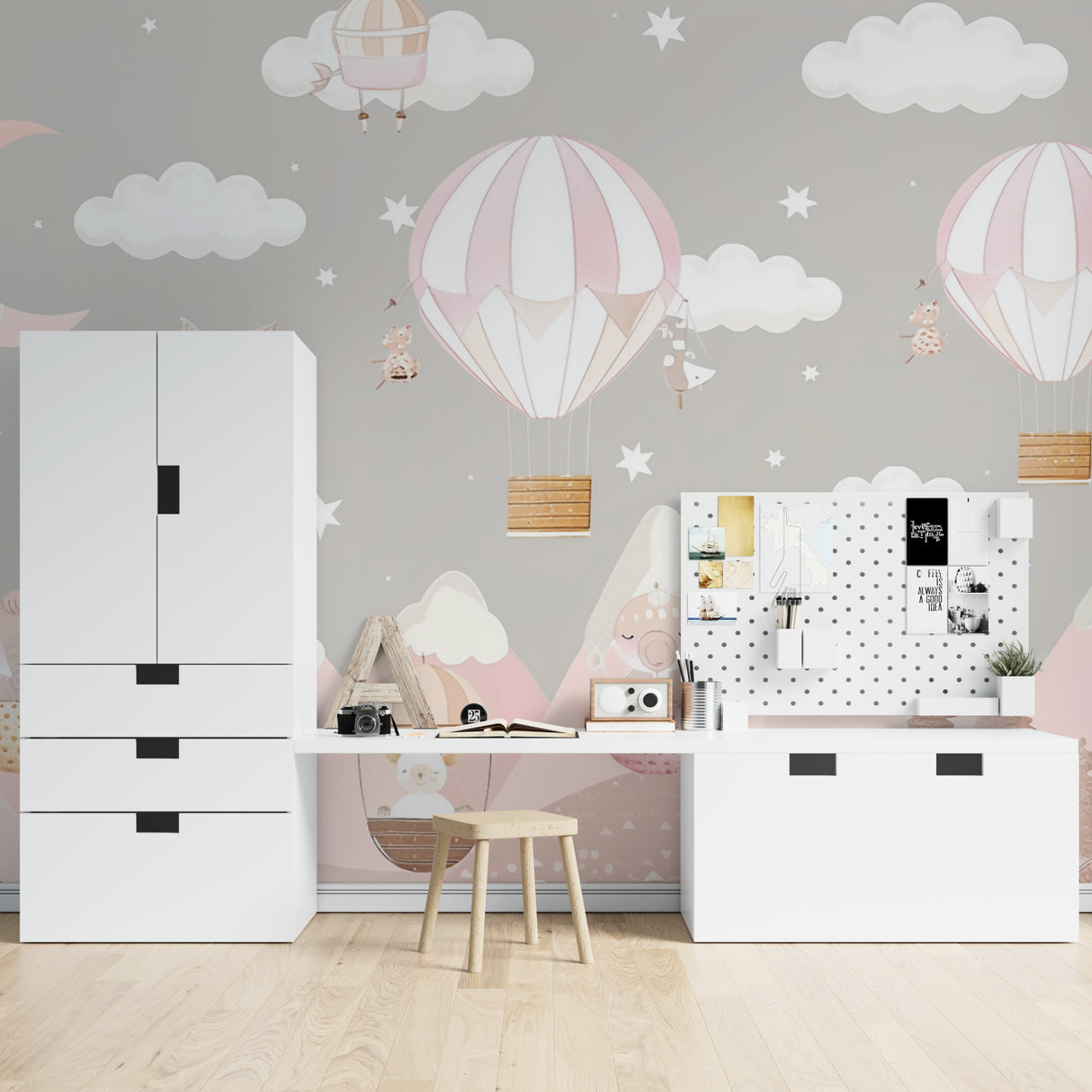 Hot air balloon wall mural creating dreamy atmosphere in toddler's playroom