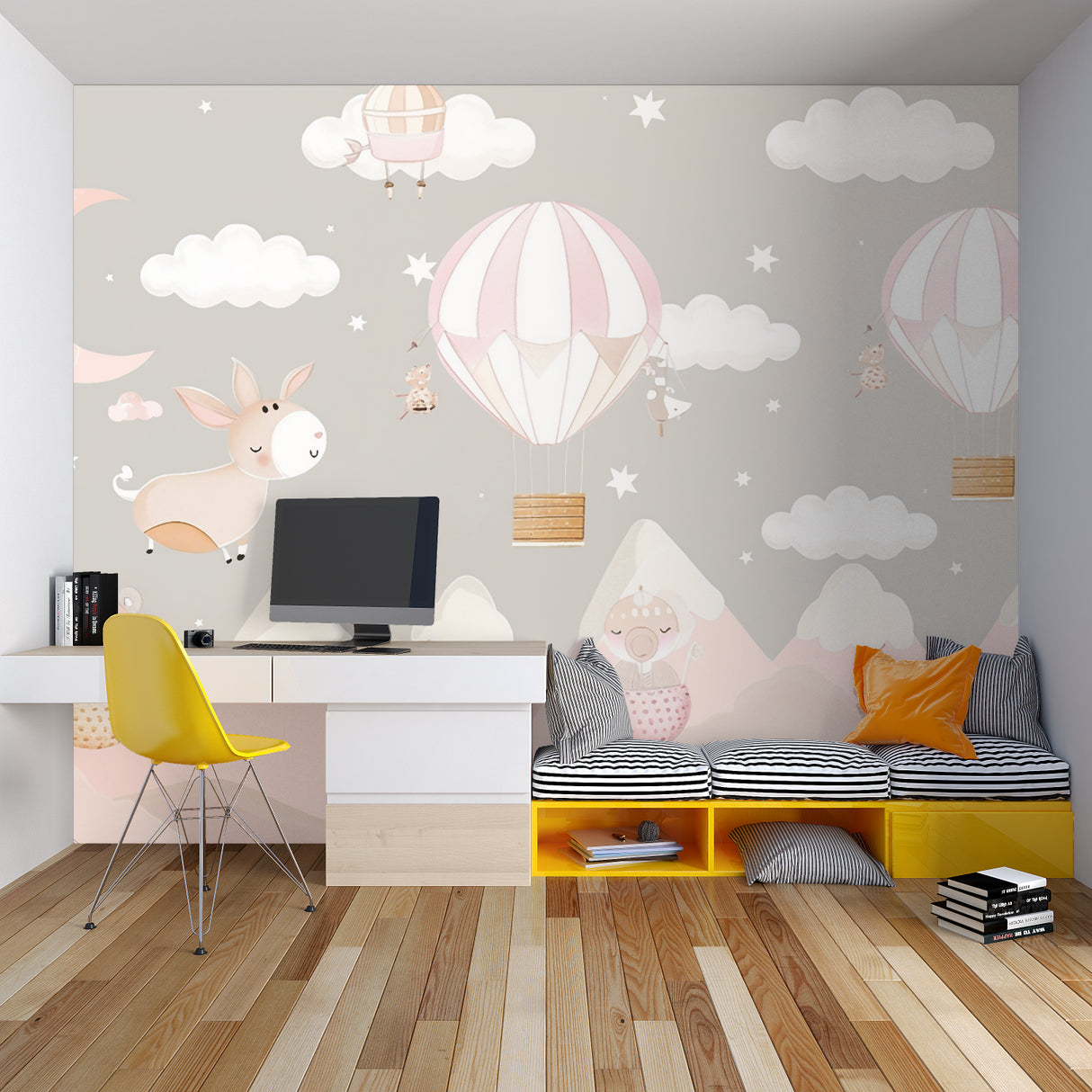Pastel pink balloon wallpaper bringing soft color to girl's bedroom
