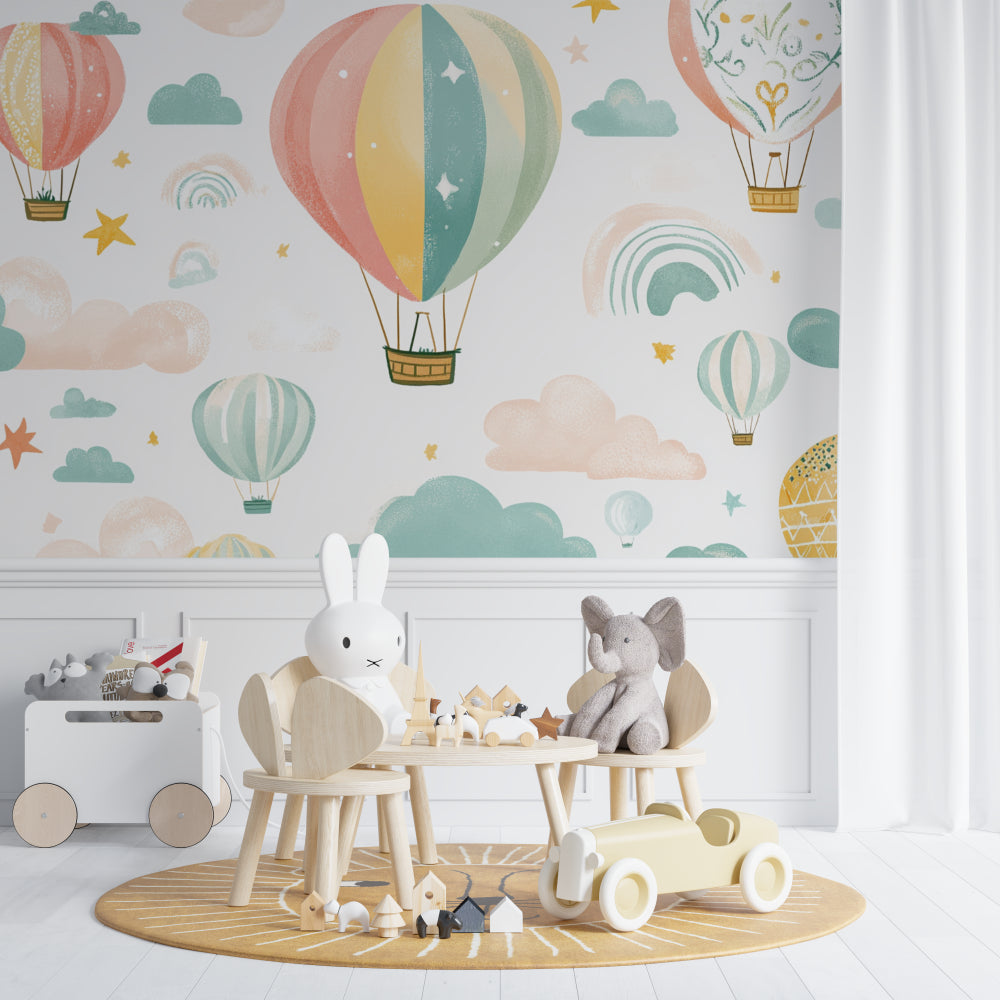 Hot air balloon wallpaper brightening a reading nook with natural light
