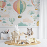Hot air balloon wallpaper brightening a reading nook with natural light