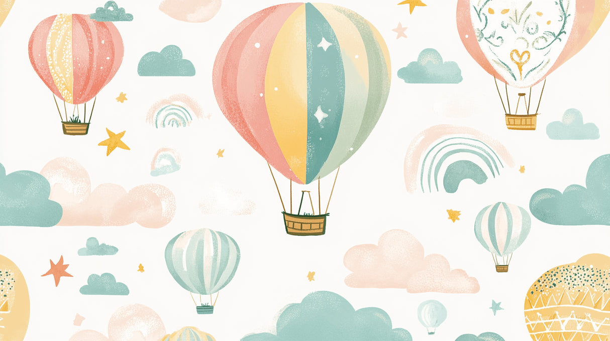 Hot air balloon wallpaper design file showing full pattern with pastel rainbows and floating balloons